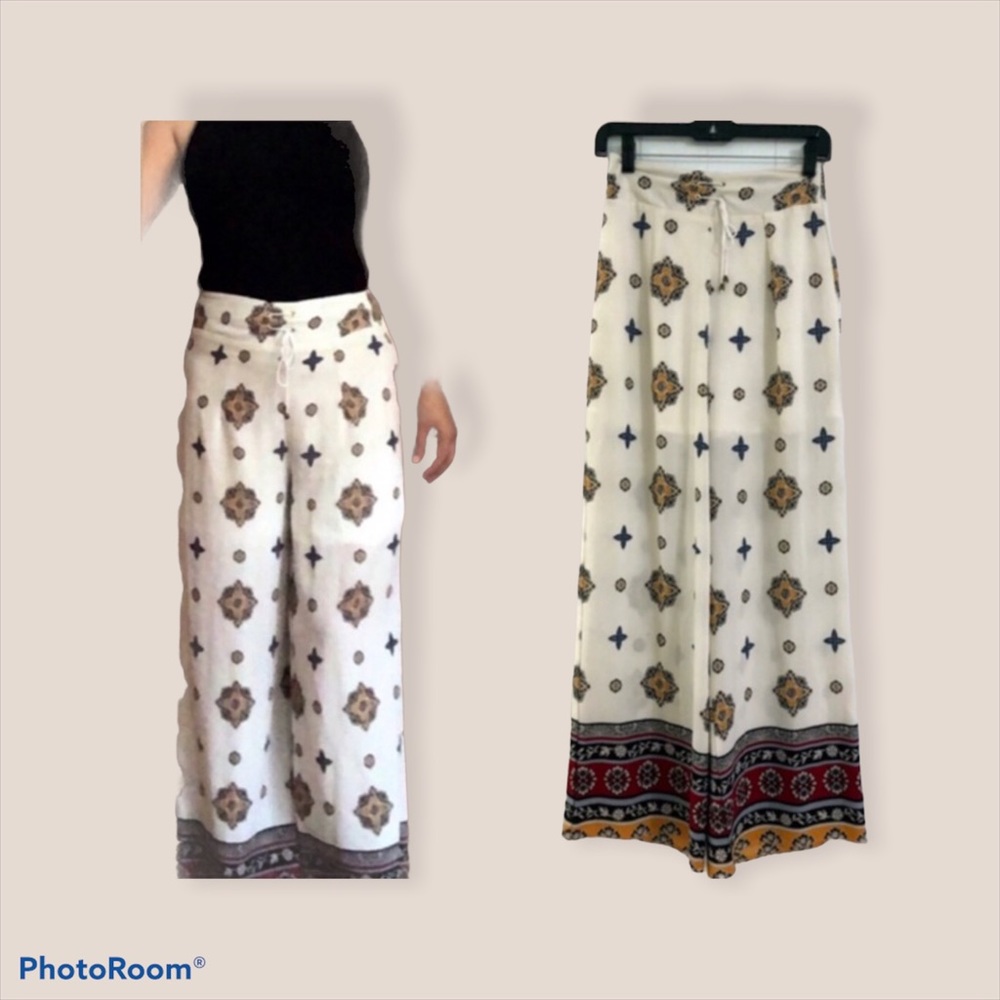 Boho Wide-Leg Palazzo Pants | Cream Print | High Waist | Lightweight & Flowy